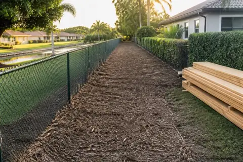 Straight freshly mulched corridor beside an exposed backyard chain-link fence, with new wood fence panels stacked nearby in warm evening light