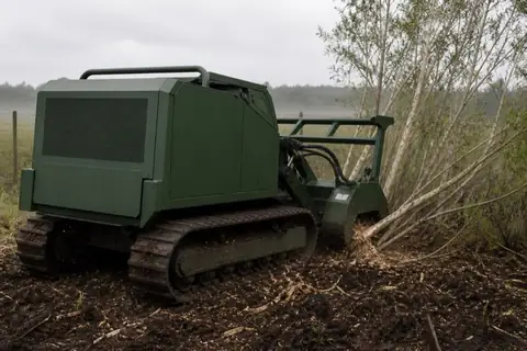 Compact mulcher processing identified melaleuca at a Coral Springs parcel boundary with papery trunks contained and the sawgrass edge visible beyond the fence