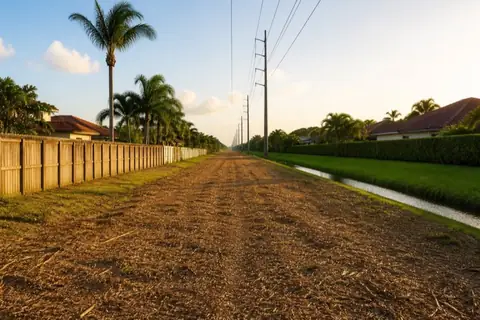 Long mulched utility easement running between backyard fence lines with power poles receding toward the warm evening horizon